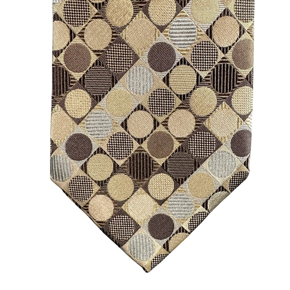 NWT Van Heusen Silk Tie Brown Tan Silver Geometric Circles Stain Resistant JC05